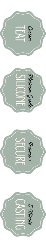 Four badges: Custom Teat, Platinum grade silicone, private & secure, 5 minute casting